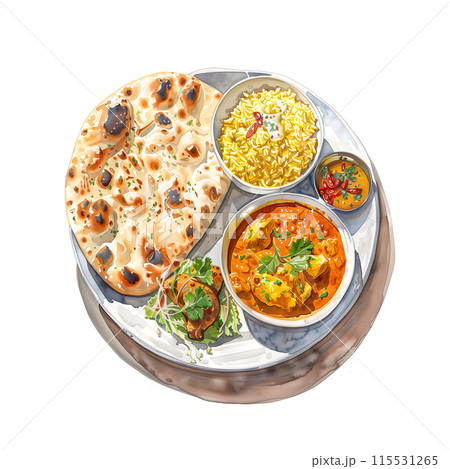 白背景にインド料理のカレープレートの水彩イラスト 115531265
