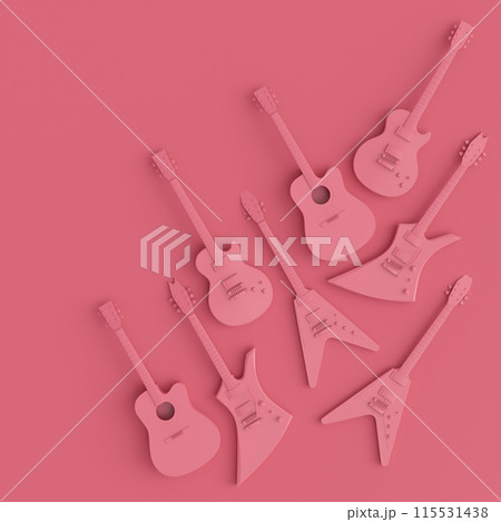 Set of electric acoustic guitars isolated on monochrome background. 115531438