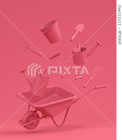 Garden wheelbarrow with garden tools like shovel, rake and fork on monochrome Garden wheelbarrow with garden tools like shovel, rake and fork on monochrome 115531442