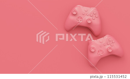 Video game joysticks or gamepads in plain monochrome pink color background 115531452