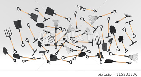 Many of flying garden shovel, pitchfork and rake on white background 115531536