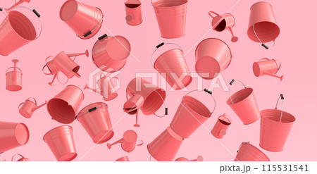 Many of flying garden buckets for hydration of plants on pink background 115531541