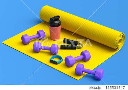 Isometric view of sport equipment like dumbbell, water bottle and yoga mat 115531547