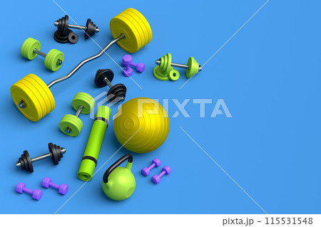 Isometric view of sport equipment like kettlebell, fitness ball and dumbbells 115531548