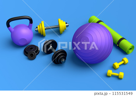 Isometric view of sport equipment like kettlebell, fitness ball and yoga mat 115531549