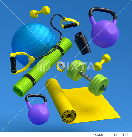 Flying sport equipment like kettlebell, fitness ball and yoga mat Flying sport equipment like kettlebell, fitness ball and yoga mat 115531551