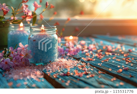 Blue Salt Candles And Pink Flowers On A Rustic Blue Wooden Table 115531776
