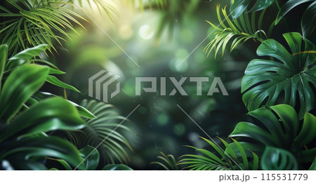 Lush Green Tropical Rainforest Leaves With Sunlight 115531779