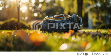Automatic Lawn Mower Cutting Grass in a Lush Green Garden on a Sunny Day 115531780