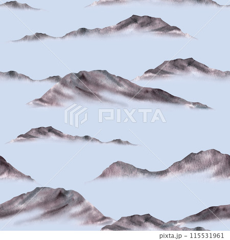 Monochrome watercolor landscape. Mountain ranges and hills silhouettes, peaks, foggy hilly terrain. Seamless pattern Hand drawn watercolor illustration. Inky grey black nature Isolated blue background 115531961