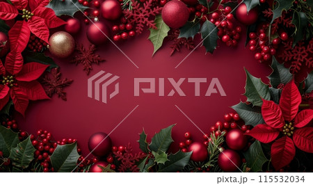 Red Poinsettia and Holly Holiday Background With Ornaments 115532034