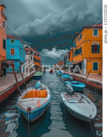 Colorful Buildings Lining a Canal in Venice Under a Dramatic Sky 115532038
