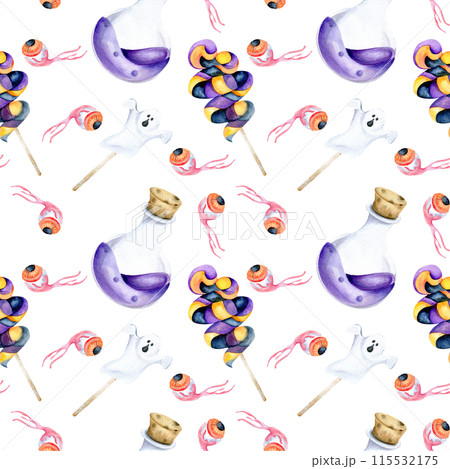 Halloween scary seamless pattern with magic glass bottle with violet liquid, white ghost, candy, eye in blood, background for happy halloween celebration wrapping paper, packing design. Halloween scary seamless pattern with magic glass bottle with violet liquid, white ghost, candy, eye in blood, background for happy halloween celebration wrapping paper, packing design. 115532175