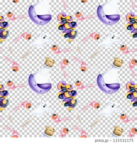 Halloween scary seamless pattern with magic glass bottle with violet liquid, white ghost, candy, eye in blood, background for happy halloween celebration wrapping paper, packing design. Halloween scary seamless pattern with magic glass bottle with violet liquid, white ghost, candy, eye in blood, background for happy halloween celebration wrapping paper, packing design. 115532175