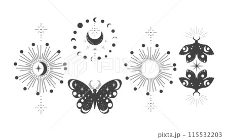 Magic sacred decoration esoteric tattoo moth or butterfly dark line, border celelstial mystery esoteric decoration with moth or butterfly, sun, stars and moon on white background. Magic sacred decoration esoteric tattoo moth or butterfly dark line, border celelstial mystery esoteric decoration with moth or butterfly, sun, stars and moon on white background. 115532203