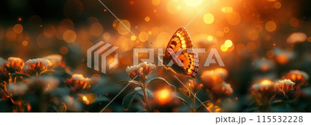 A butterfly on a flower, silhouetted against the sun, in nature 115532228