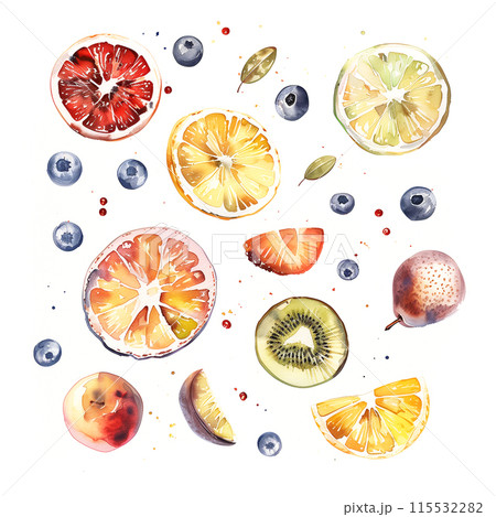 白背景にいろいろな種類のフルーツの水彩イラスト 115532282