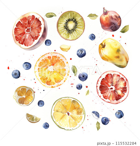 白背景にいろいろな種類のフルーツの水彩イラスト 115532284