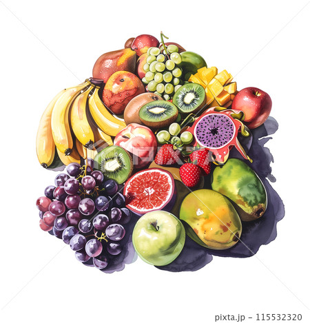 白背景にいろいろな種類のフルーツの水彩イラスト 115532320
