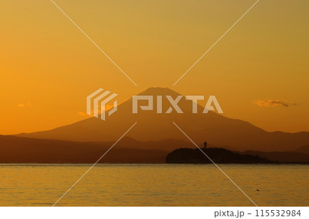 夕暮れの逗子海岸から望む、富士山と江の島のシルエット 115532984