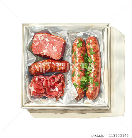 白背景にハムとソーセージの詰め合わせ 115533145