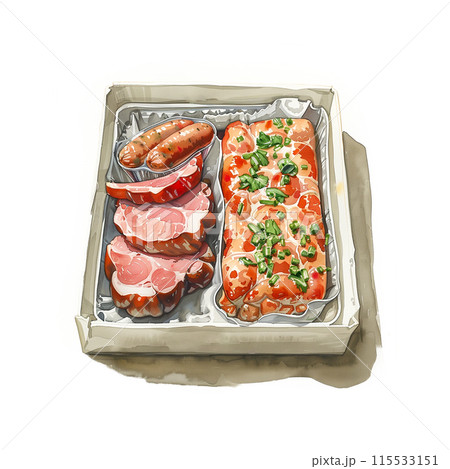 白背景にハムとソーセージの詰め合わせ 115533151