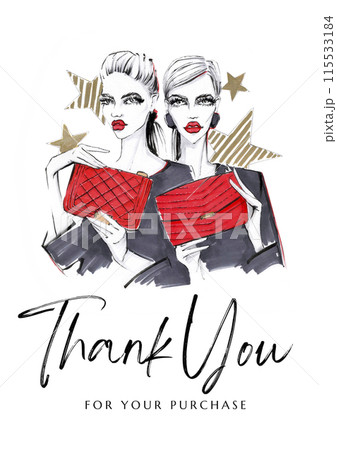 Thank you for your purchase card with watercolor woman. Fashion illustration 115533184