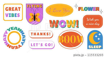 Groovy stickers. Abstract shapes. Retro icons. Phrase text. Cute butterfly and flower. Y2K inspirational lettering. Great vibes patch. Sleeping moon. Happy dream. Love symbol. Vector color badges set Groovy stickers. Abstract shapes. Retro icons. Phrase text. Cute butterfly and flower. Y2K inspirational lettering. Great vibes patch. Sleeping moon. Happy dream. Love symbol. Vector color badges set 115533203