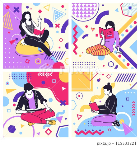 Creative geometric cards. People read books. Cartoon young characters. Woman studying. Man relaxing with literature. University education. Abstract Memphis figures. Vector trendy square banners set 115533221