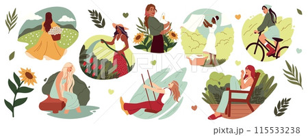 Gardening hobby. Woman working or relaxing in garden. Plants ECO growing. Picnic in nature. Spring meadow. Happy female watering flowers. Girl swinging or riding bicycle. Vector summer characters set 115533238