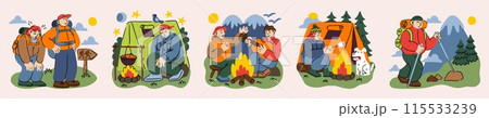 Camp activity. Summer camping. People trekking in forest. Mountain hiking. Outdoor vacation. Tent and bonfire. Night adventure in nature. Scout campsite. Tourists journey. Vector travel scenes set Camp activity. Summer camping. People trekking in forest. Mountain hiking. Outdoor vacation. Tent and bonfire. Night adventure in nature. Scout campsite. Tourists journey. Vector travel scenes set 115533239