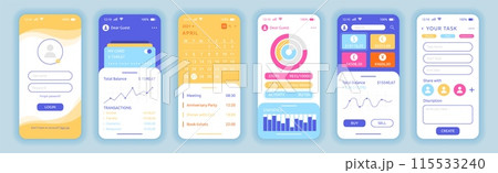 App UI. Phone screen interface application. Account login. Smartphone call and message. Cellphone finance dashboard. Schedule planner with calendar. Mobile graphic mockup. Vector garish templates set 115533240