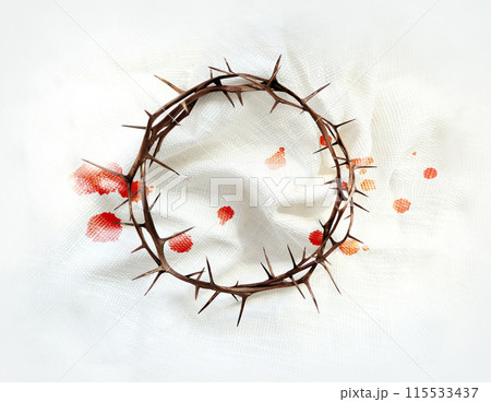 The crown of thorns, blood and blood stains symbolizing the suffering and sacrifice of Jesus Christ on the cross, Passion Week and Lent Easter concept The crown of thorns, blood and blood stains symbolizing the suffering and sacrifice of Jesus Christ on the cross, Passion Week and Lent Easter concept 115533437