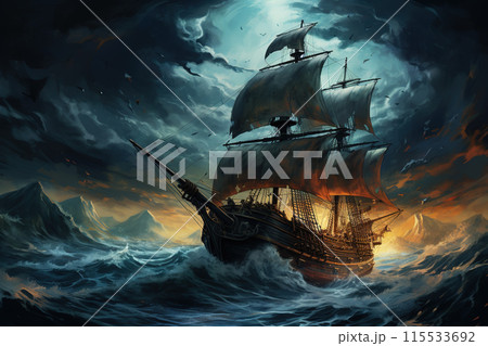 A majestic sailing ship braves stormy seas with full sails billowing in the wind, city in the distance. Painting Art. 115533692