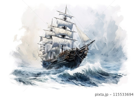A majestic sailing ship braves stormy seas with full sails billowing in the wind, city in the distance. Painting Art. 115533694