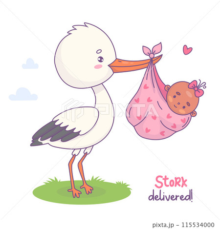 Cute stork standing in grass with black ethnic newborn baby girl. Vector illustration. Funny Cartoon bird kawaii and infant. Cool childish card birthday. Kids collection. Cute stork standing in grass with black ethnic newborn baby girl. Vector illustration. Funny Cartoon bird kawaii and infant. Cool childish card birthday. Kids collection. 115534000