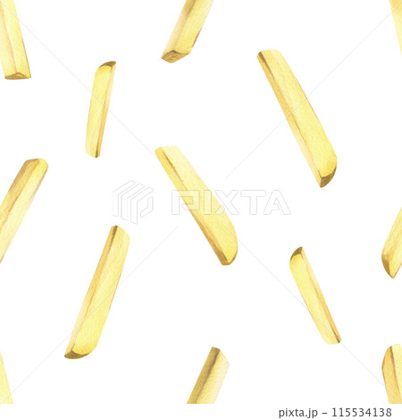 White potato slices, peeled, long sticks for French fries. Watercolor illustration, hand-drawn on the theme of harvest, cooking, food, vegetable shop design. Seamless simple pattern White potato slices, peeled, long sticks for French fries. Watercolor illustration, hand-drawn on the theme of harvest, cooking, food, vegetable shop design. Seamless simple pattern 115534138