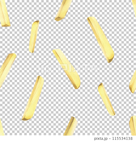 White potato slices, peeled, long sticks for French fries. Watercolor illustration, hand-drawn on the theme of harvest, cooking, food, vegetable shop design. Seamless simple pattern White potato slices, peeled, long sticks for French fries. Watercolor illustration, hand-drawn on the theme of harvest, cooking, food, vegetable shop design. Seamless simple pattern 115534138