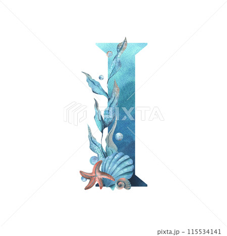 Capital letter I, part of the Latin alphabet decorated in a wet theme with corals, shells, algae, bubbles, blue and coral colors. Hand drawn watercolor illustration. Element isolated from background. Capital letter I, part of the Latin alphabet decorated in a wet theme with corals, shells, algae, bubbles, blue and coral colors. Hand drawn watercolor illustration. Element isolated from background. 115534141