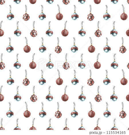 Christmas glass balls in blue and red with knitted elements. Watercolor illustration. Seamless pattern on white background from COZY WINTER collection. For fabric, textile, wrapping paper Christmas glass balls in blue and red with knitted elements. Watercolor illustration. Seamless pattern on white background from COZY WINTER collection. For fabric, textile, wrapping paper 115534165