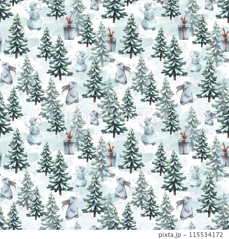 Winter seamless pattern on a white background with Christmas trees, hares, snowmen, gifts. Watercolor illustration from a large set of COZY WINTER. For textiles, fabrics, wallpaper, packaging paper 115534172