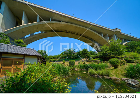 東京都稲城市若葉台の上谷戸大橋(かさやとおおはし)を公園の水車小屋から見る 115534621