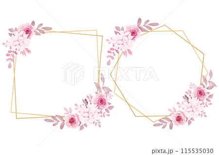 Pink rose and hydrangea flowers with gold frames Pink rose and hydrangea flowers with gold frames 115535030