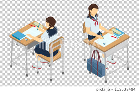 Isometric illustration: Female student studying at a school desk (summer clothes) Isometric illustration: Female student studying at a school desk (summer clothes) 115535484