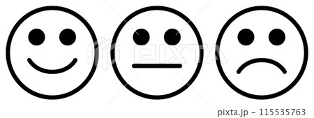 emoticon icon set, three emoji - happy, sad and neutral, symbol of smiley face, black and white vector illustration 115535763