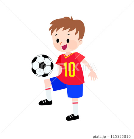 赤と青のユニフォームを着てサッカーをする男の子のイラスト 115535810