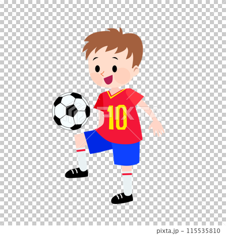 赤と青のユニフォームを着てサッカーをする男の子のイラスト 115535810