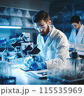 Medical science laboratory: Scientist looking under a microscope, doing analysis on a test sample. Young ambitious biotechnology specialist working with modern equipment 115535969