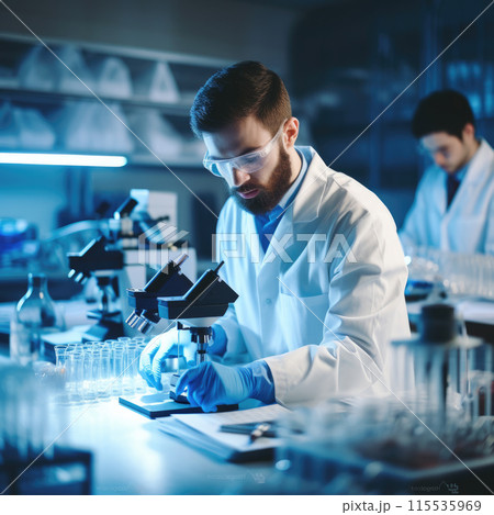 Medical science laboratory: Scientist looking under a microscope, doing analysis on a test sample. Young ambitious biotechnology specialist working with modern equipment 115535969