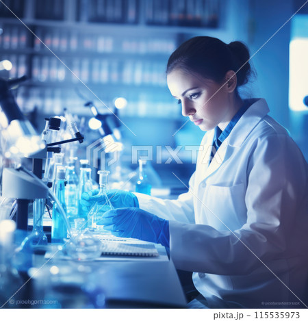 Medical research laboratory: Scientist using a micropipette for analysis. Advanced scientific laboratory for the development of medicine, biotechnology, microbiology. 115535973